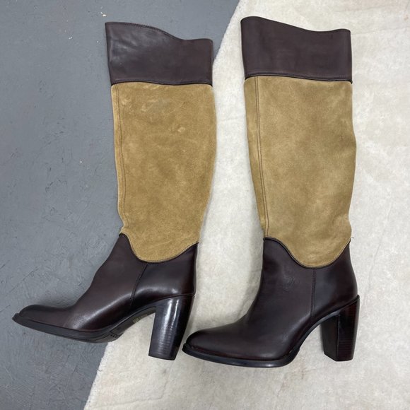 Jonak Brown Tan Leather & Suede Block Heel knee High Riding Boots Size 39 US 9 - Picture 4 of 12